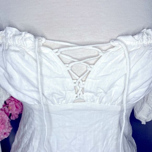 🌷 Cotton Candy LA🌷 White Linen Blend Cottagecore Babydoll Lace Up Dress - Picture 6 of 11